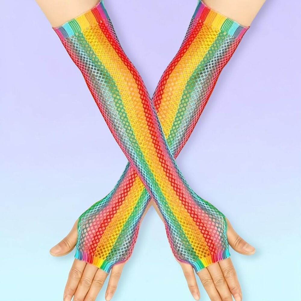 Rainbow Fishnet Arm Warmers - Fingerless Long Gloves for Raves & Festivals